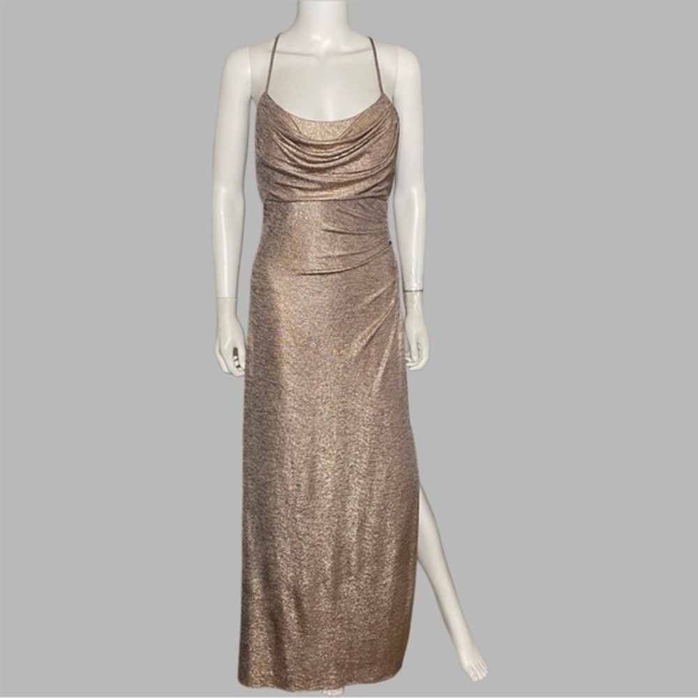 Night Way‎ Beautiful Bronze Metallic Cowl Neck Strappy Back Gown With Leg Slit